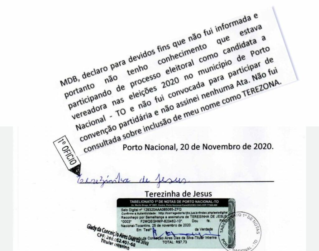 Terezona-declaracao-A-1024x806 MDB de Porto Nacional poderá ter chapa cassada e perder dois vereadores eleitos, casos confirme candidatura-laranja