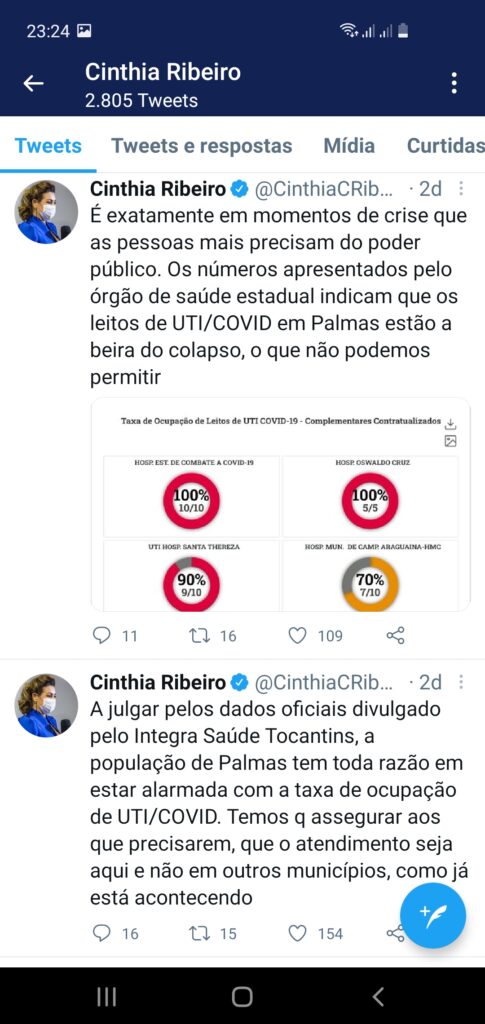 Screenshot_20210221-232431_Twitter-485x1024 Deputado Ivory responde post da prefeita Cinthia por "atribuir o avanço da Covid na Capital ao Parlamento Tocantinense"
