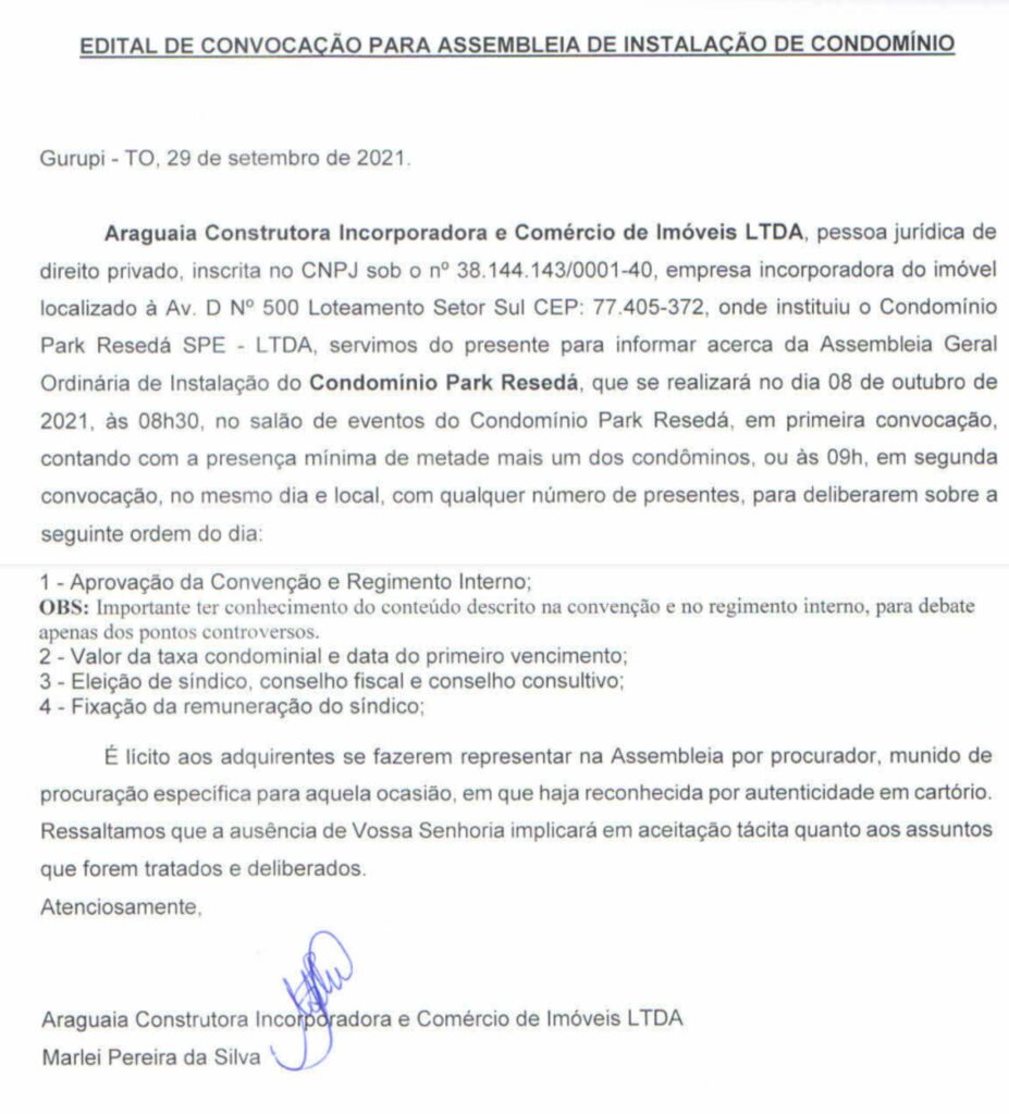 Edital-Reseda-ok-927x1024 Construtora Araguaia publica Edital de Convocação para Assembleia de Instalação do Condomínio Resedá